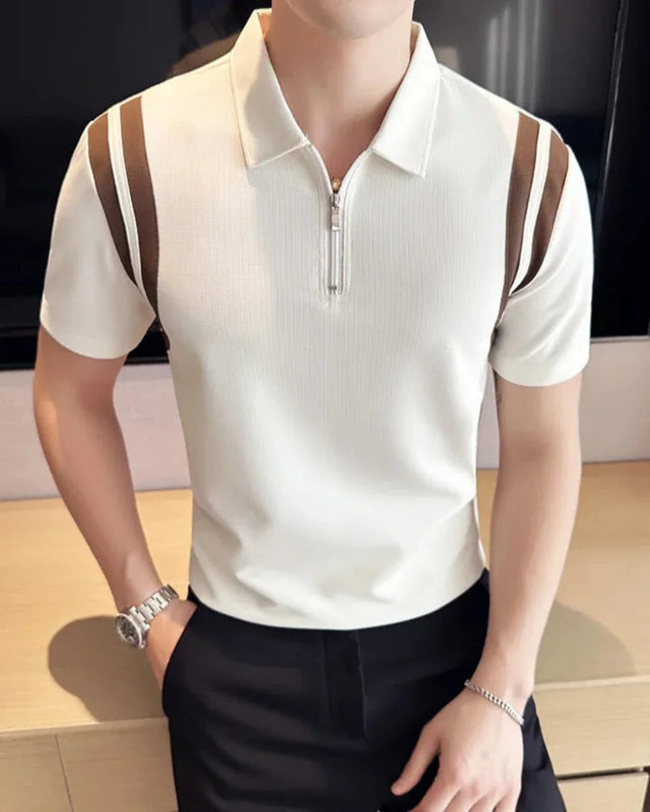 Men's Short Sleeve Polo Shirt with Half Zip and Contrast Stripe Panels
