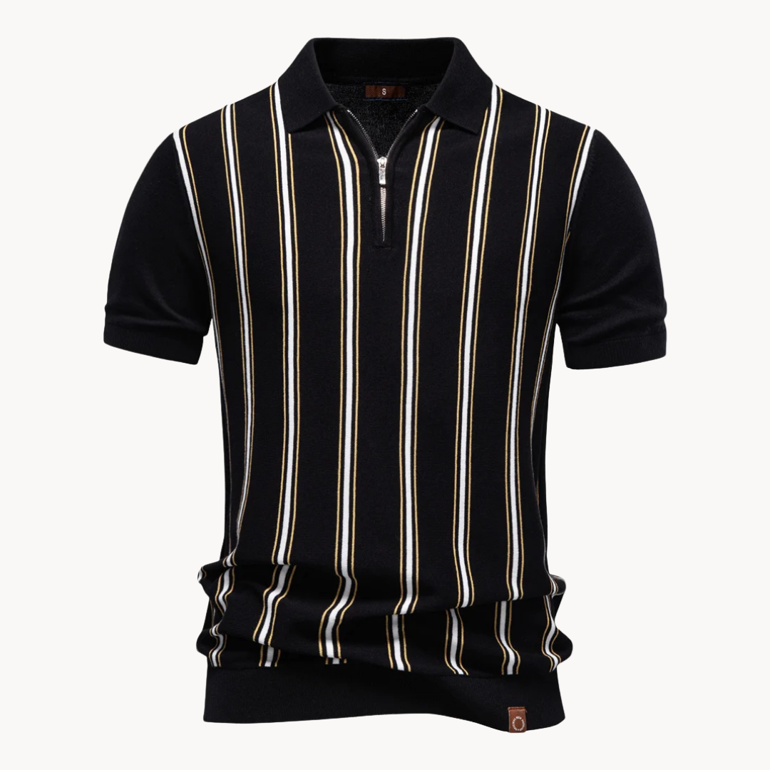 Men's Short Sleeve Polo Shirt with Quarter Zip Closure and Vertical Stripe Pattern