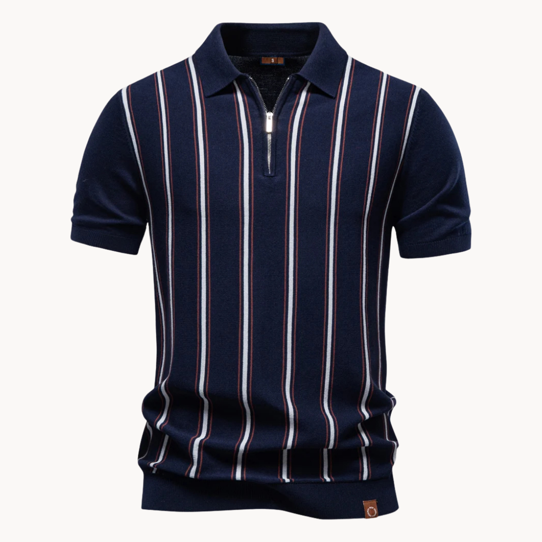 Men's Short Sleeve Polo Shirt with Quarter Zip Closure and Vertical Stripe Pattern