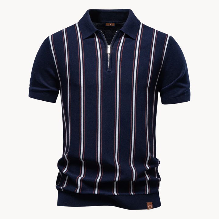 Men's Short Sleeve Polo Shirt with Quarter Zip Closure and Vertical Stripe Pattern
