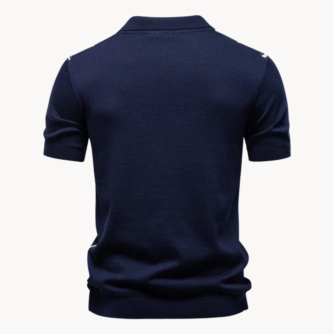 Men's Short Sleeve Polo Shirt with Quarter Zip Closure and Vertical Stripe Pattern
