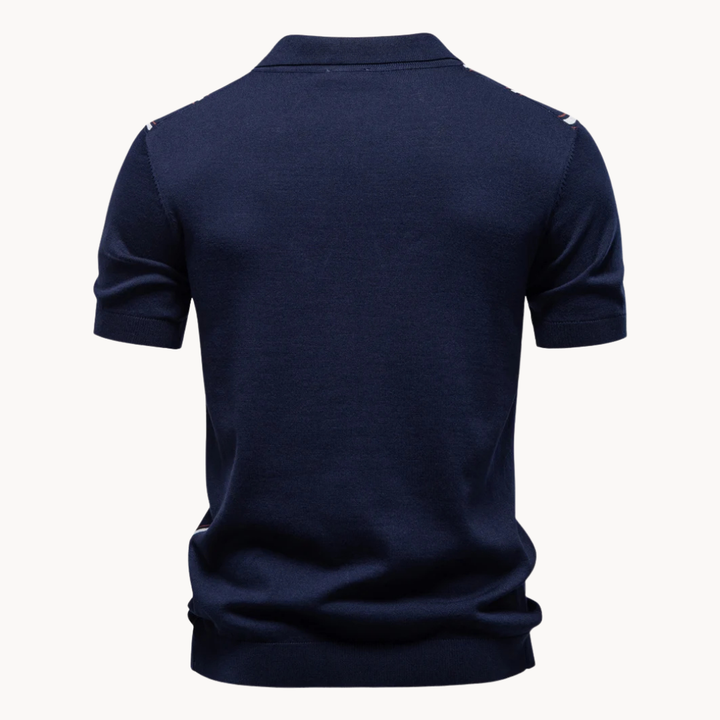 Men's Short Sleeve Polo Shirt with Quarter Zip Closure and Vertical Stripe Pattern