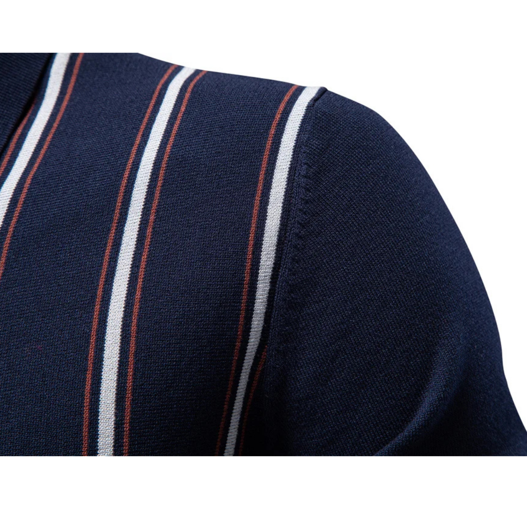 Men's Short Sleeve Polo Shirt with Quarter Zip Closure and Vertical Stripe Pattern
