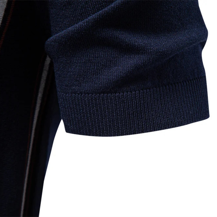 Men's Short Sleeve Polo Shirt with Quarter Zip Closure and Vertical Stripe Pattern