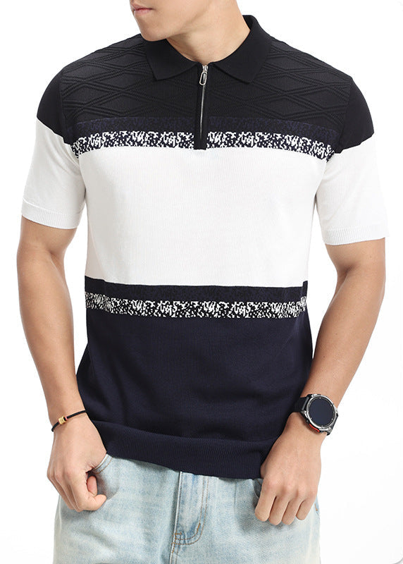 Men's Short Sleeve Polo Shirt with Quarter Zip Collar and Colour Block Knit Panels