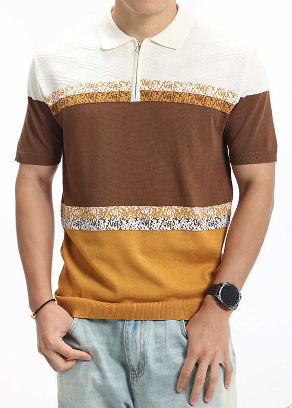 Men's Short Sleeve Polo Shirt with Quarter Zip Collar and Colour Block Knit Panels