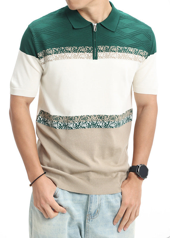 Men's Short Sleeve Polo Shirt with Quarter Zip Collar and Colour Block Knit Panels