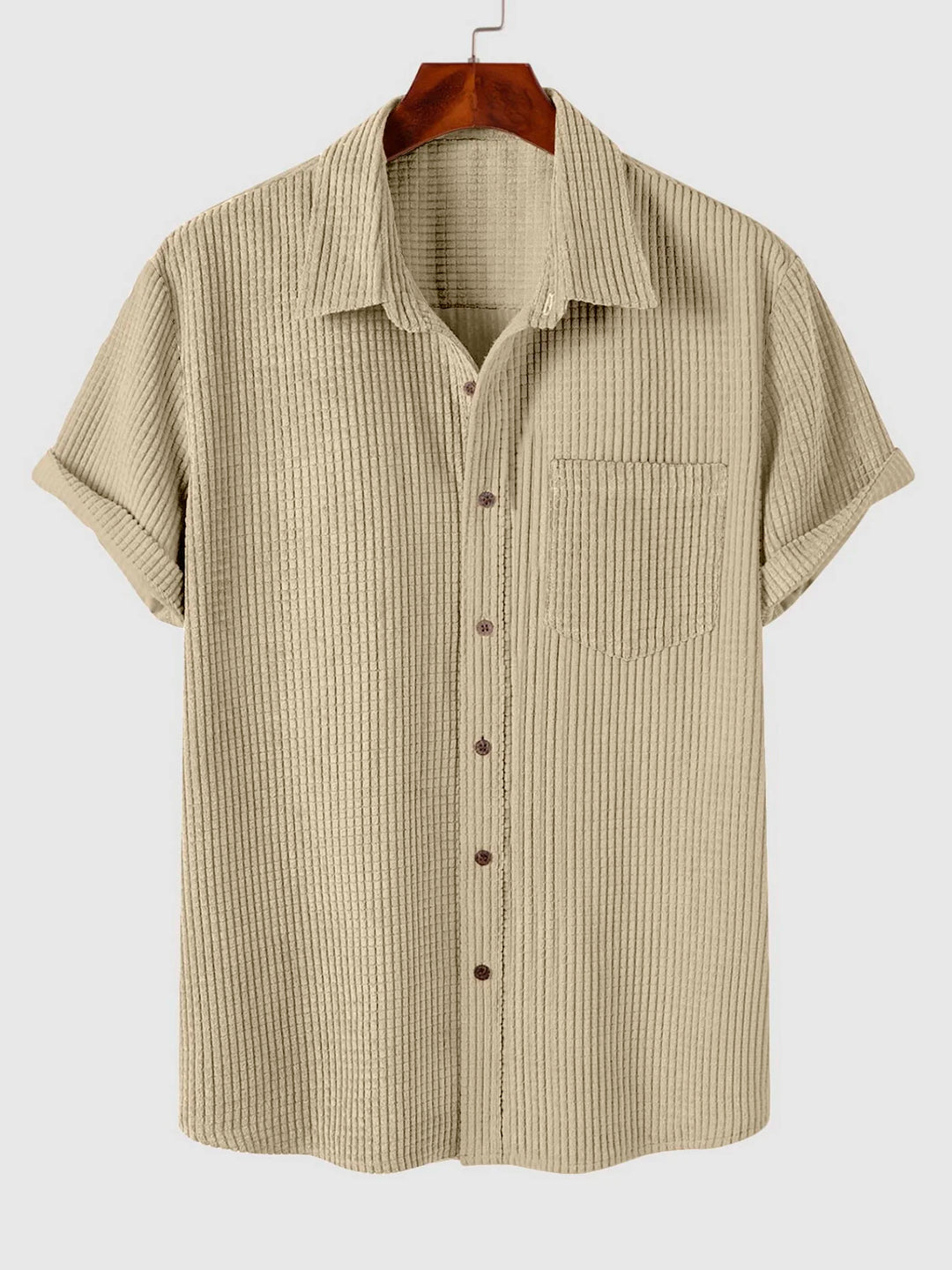 Men's Short Sleeve Ribbed Shirt with Button Front and Chest Pocket