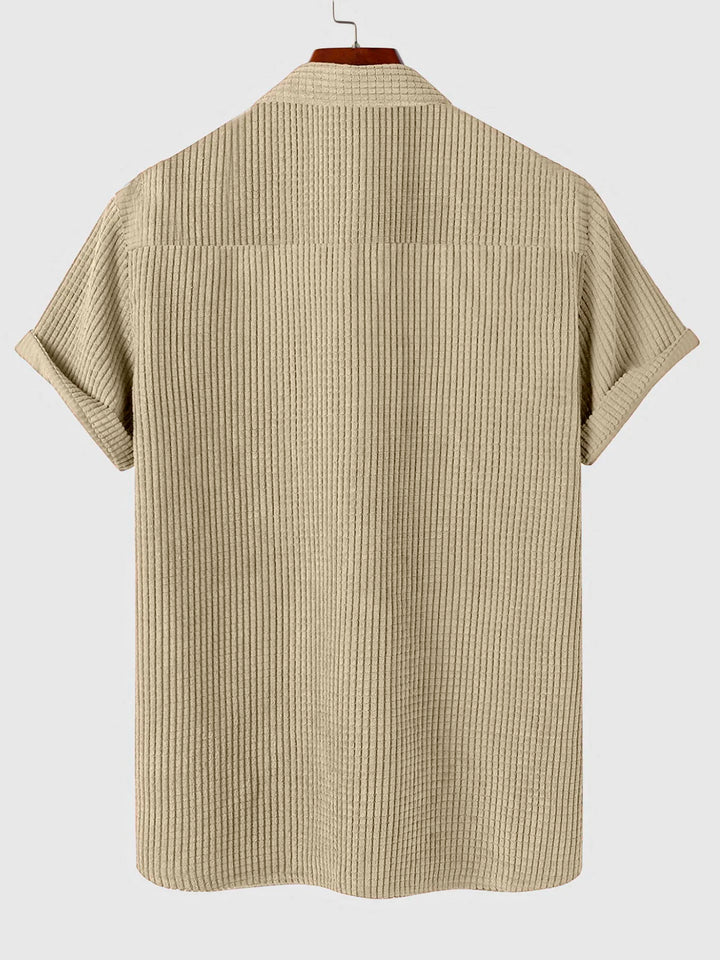 Men's Short Sleeve Ribbed Shirt with Button Front and Chest Pocket