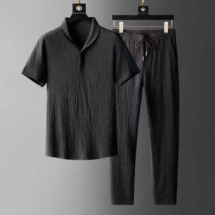 Men's Short Sleeve Shawl Collar Top and Drawstring Trouser Set