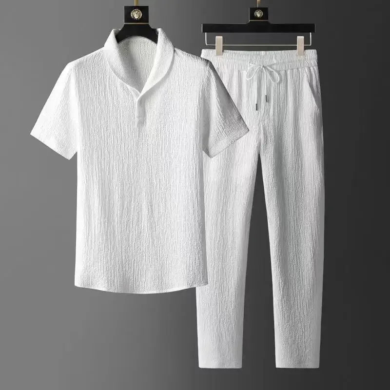 Men's Short Sleeve Shawl Collar Top and Drawstring Trouser Set