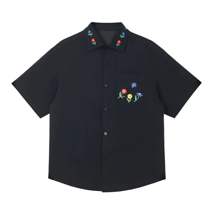 Men's Short-Sleeve Shirt with Floral Embroidery on Collar and Chest Patch Pocket