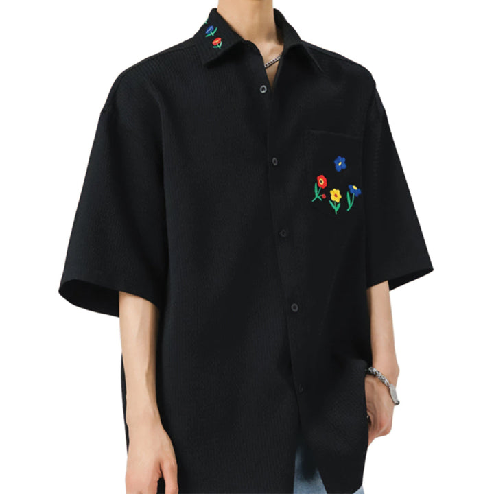 Men's Short-Sleeve Shirt with Floral Embroidery on Collar and Chest Patch Pocket