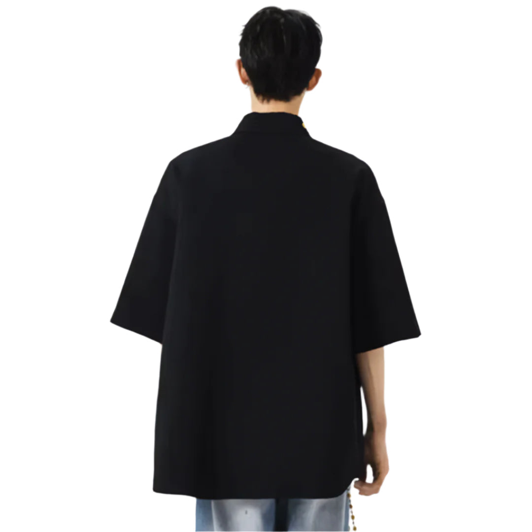 Men's Short-Sleeve Shirt with Floral Embroidery on Collar and Chest Patch Pocket