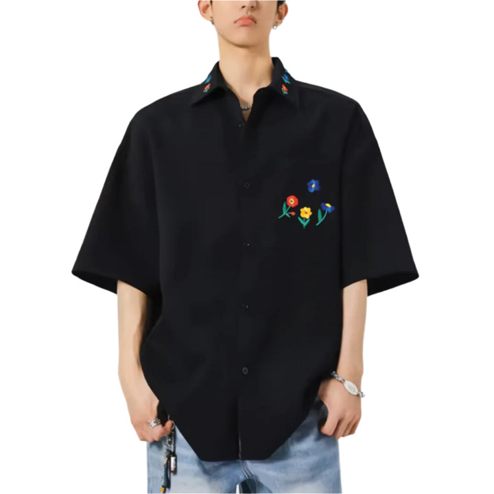 Men's Short-Sleeve Shirt with Floral Embroidery on Collar and Chest Patch Pocket
