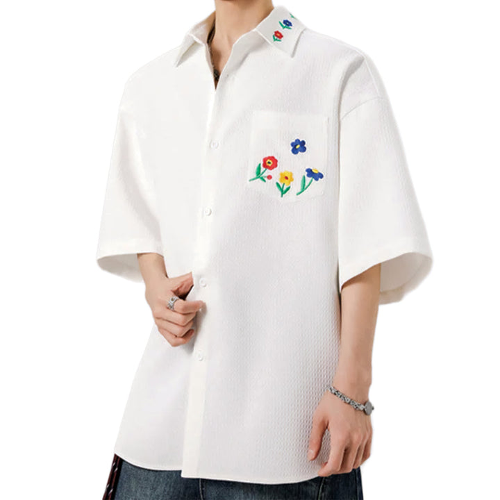 Men's Short-Sleeve Shirt with Floral Embroidery on Collar and Chest Patch Pocket