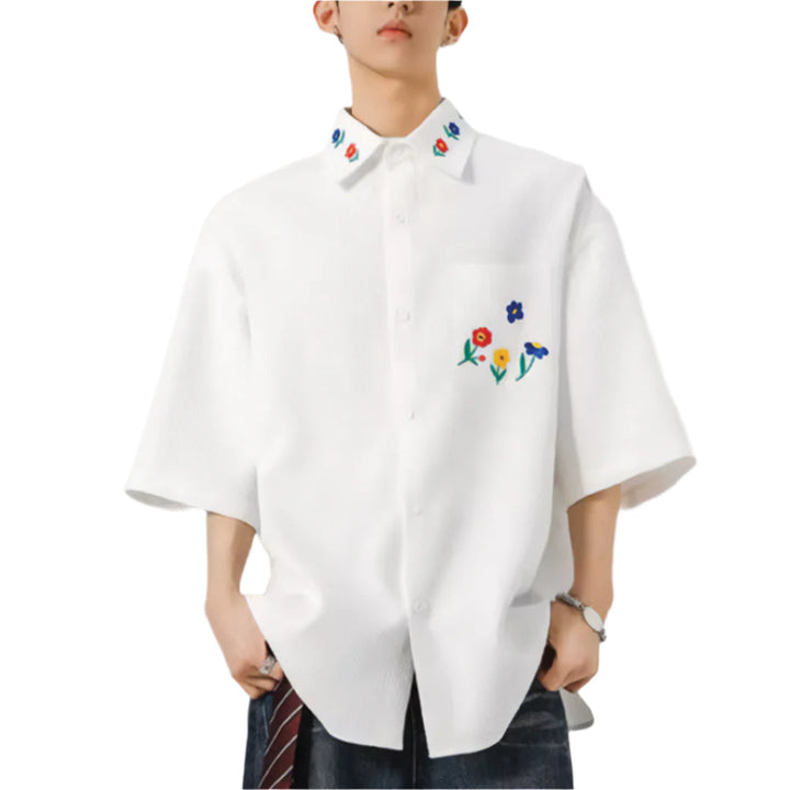 Men's Short-Sleeve Shirt with Floral Embroidery on Collar and Chest Patch Pocket