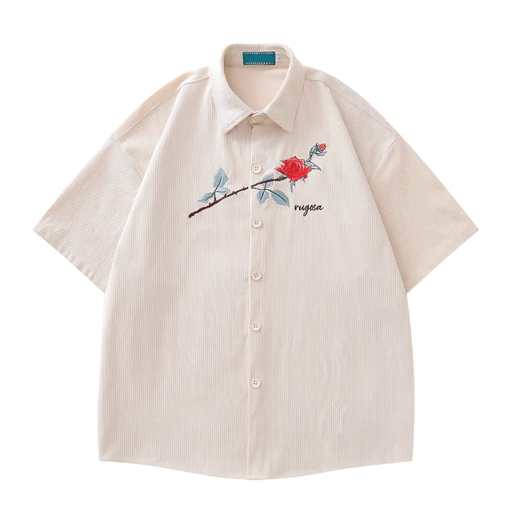 Men's Short-Sleeve Shirt with Rose Embroidery on Chest and Ribbed Surface Texture