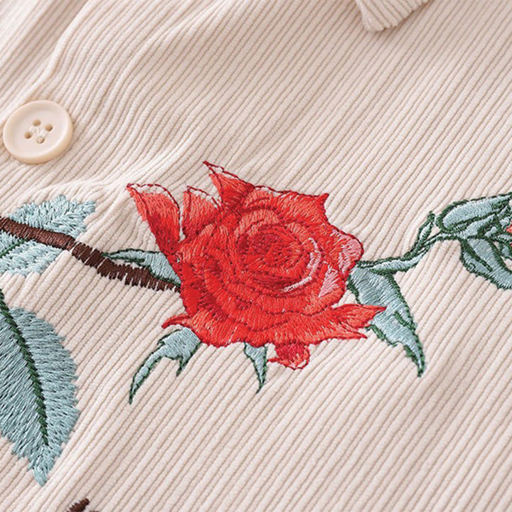 Men's Short-Sleeve Shirt with Rose Embroidery on Chest and Ribbed Surface Texture
