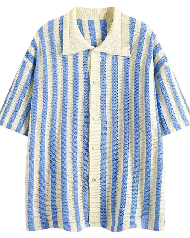 Men's Short Sleeve Shirt with Vertical Stripes Camp Collar and Button-Front Closure