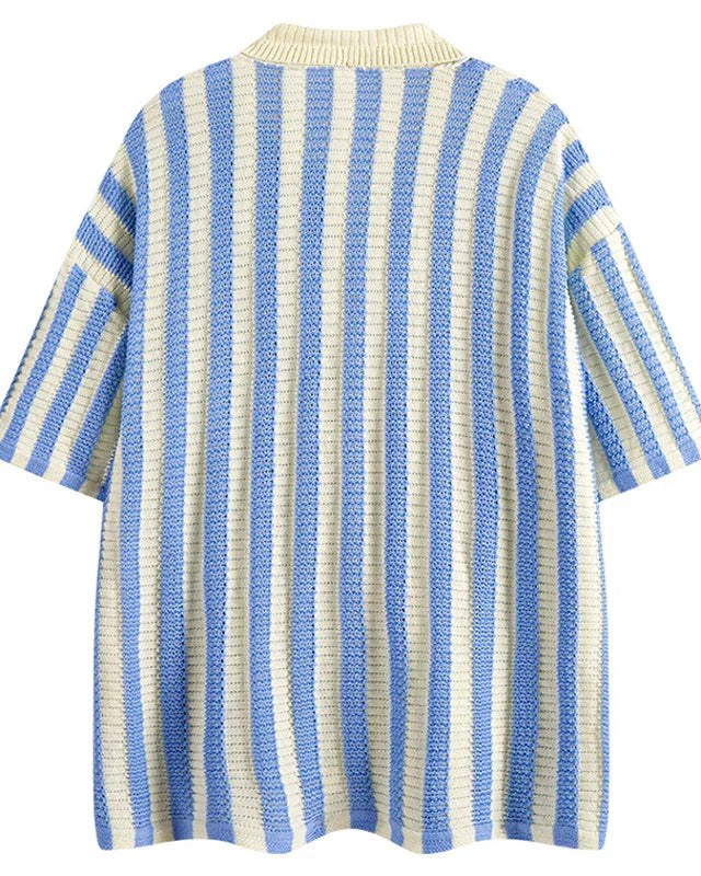 Men's Short Sleeve Shirt with Vertical Stripes Camp Collar and Button-Front Closure