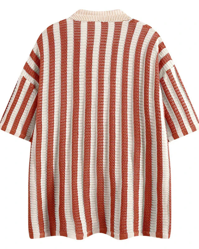 Men's Short Sleeve Shirt with Vertical Stripes Camp Collar and Button-Front Closure