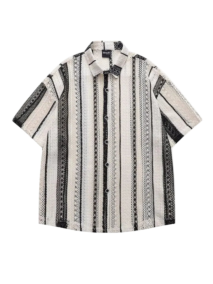 Men's Short-Sleeve Spread Collar Shirt with Open Lace Knit Vertical Stripe and Button Front
