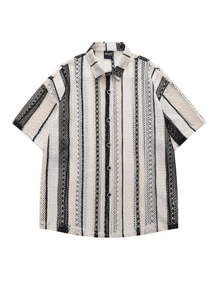 Men's Short-Sleeve Spread Collar Shirt with Open Lace Knit Vertical Stripe and Button Front