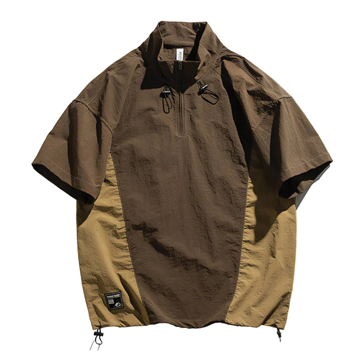 Men's Short Sleeve Stand Collar Half-Zip Two-Tone Pullover Shirt