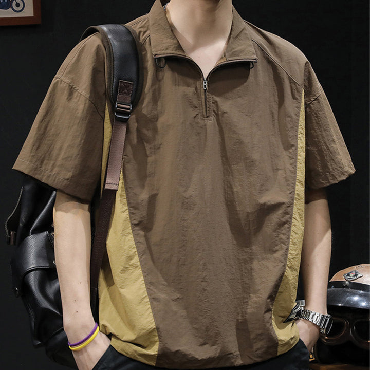 Men's Short Sleeve Stand Collar Half-Zip Two-Tone Pullover Shirt