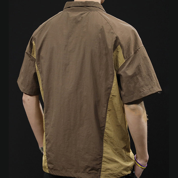 Men's Short Sleeve Stand Collar Half-Zip Two-Tone Pullover Shirt
