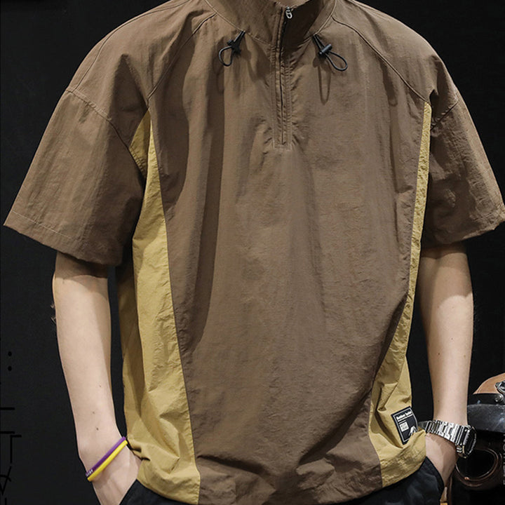 Men's Short Sleeve Stand Collar Half-Zip Two-Tone Pullover Shirt
