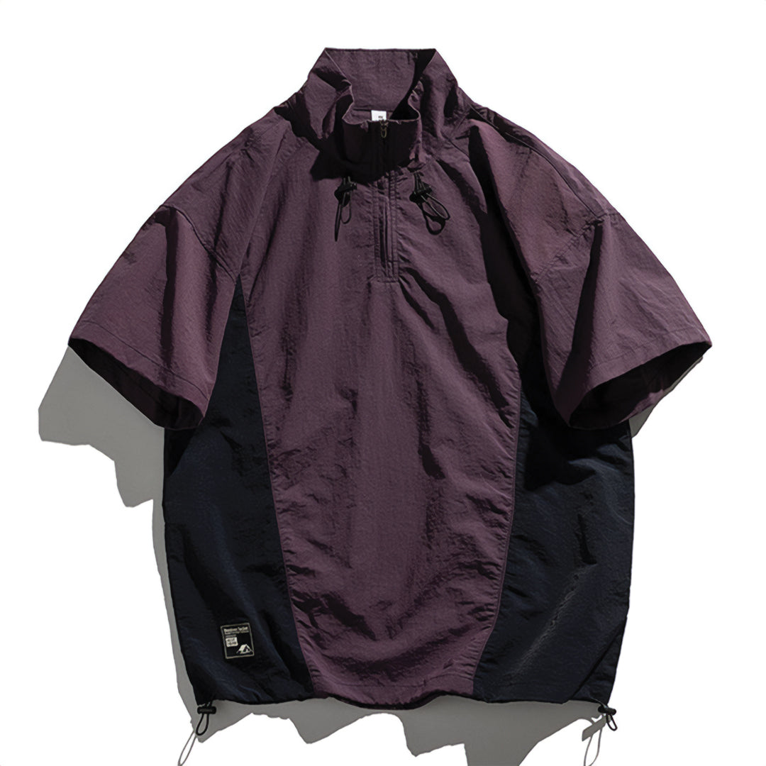 Men's Short Sleeve Stand Collar Half-Zip Two-Tone Pullover Shirt