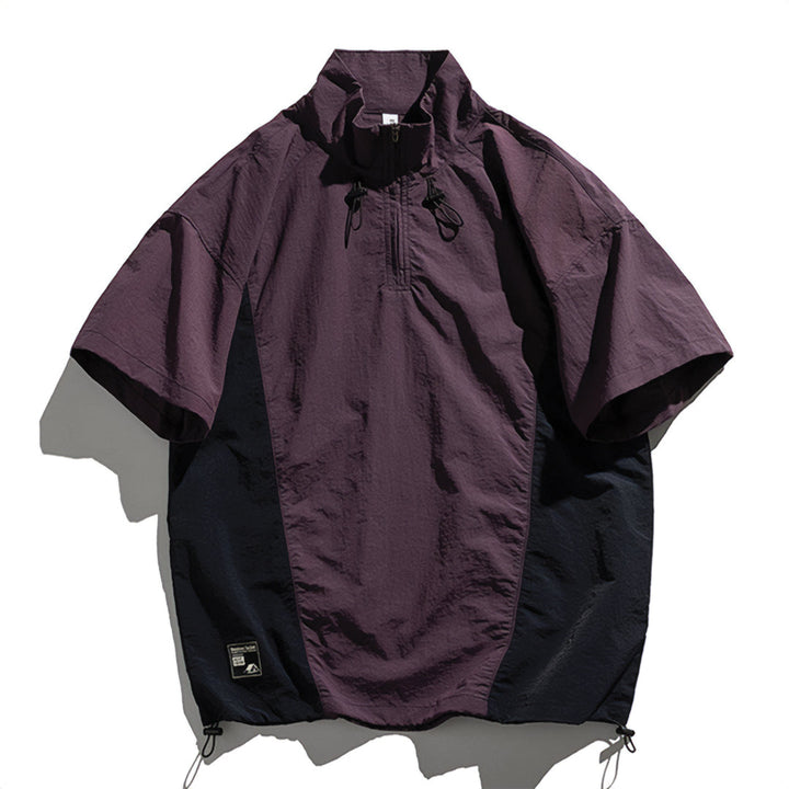 Men's Short Sleeve Stand Collar Half-Zip Two-Tone Pullover Shirt