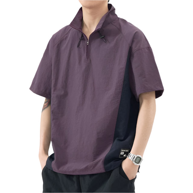 Men's Short Sleeve Stand Collar Half-Zip Two-Tone Pullover Shirt