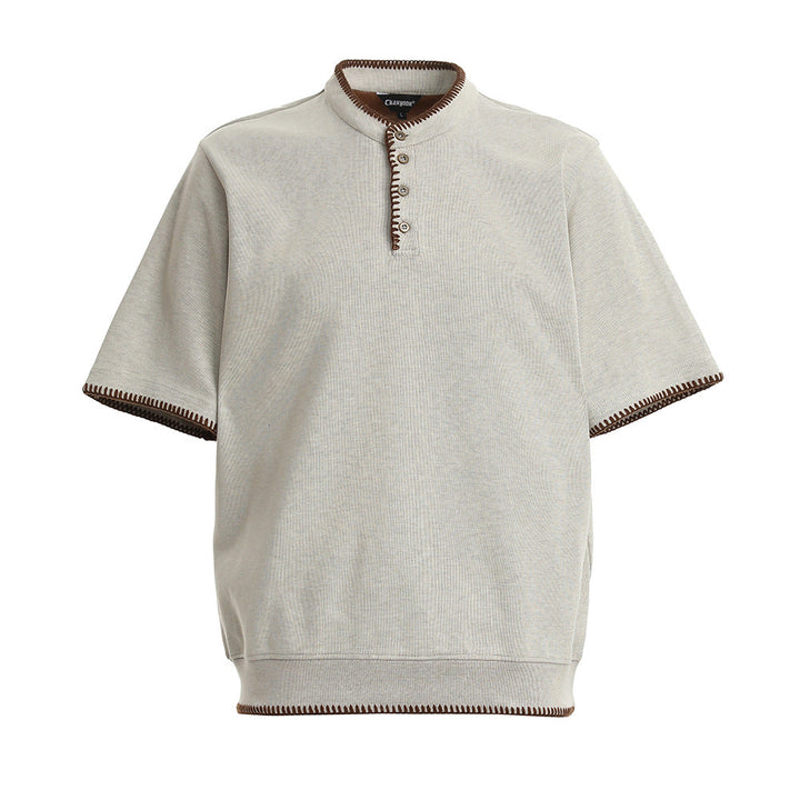 Men's Short Sleeve Stand Collar Polo Shirt with Contrast Stitch Trim