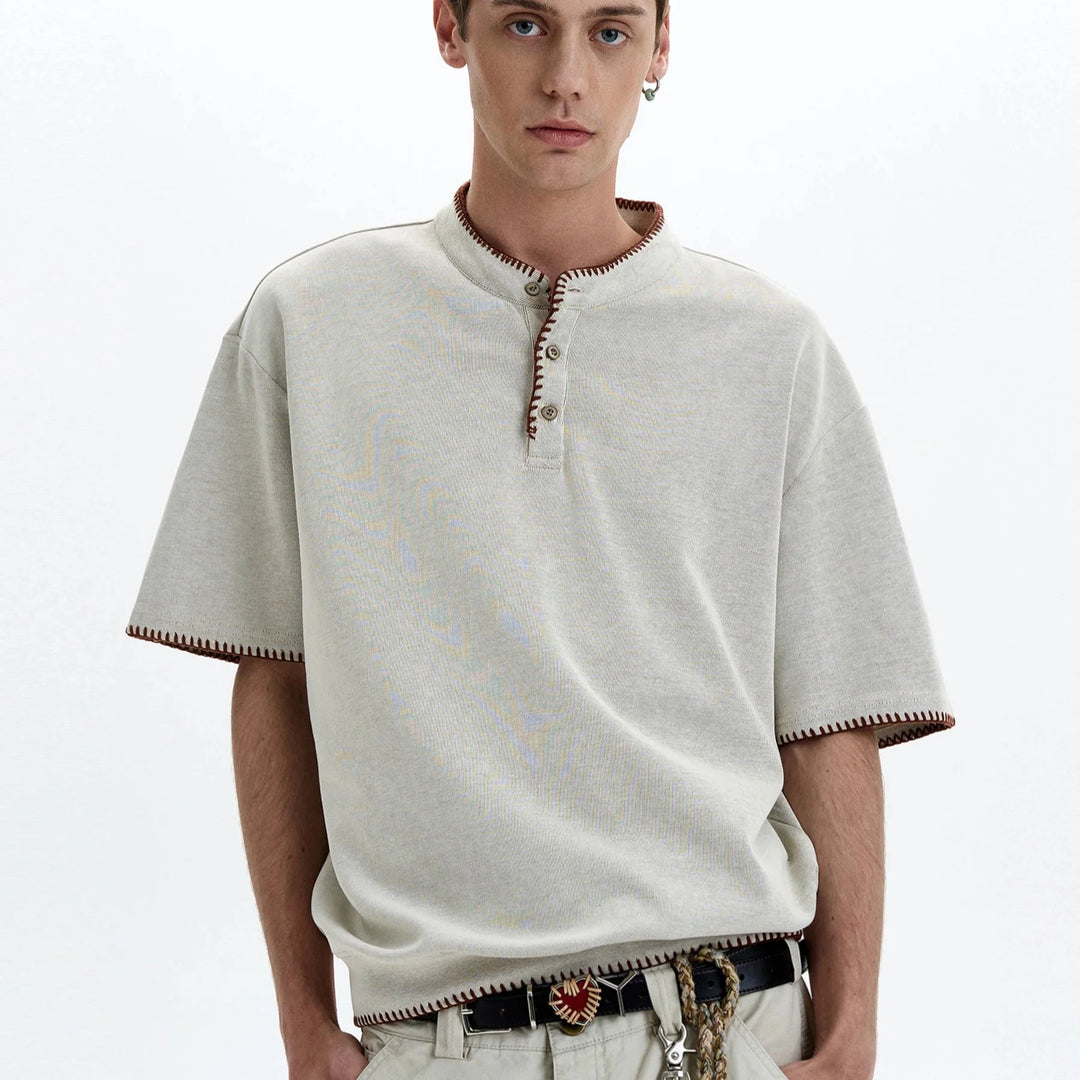 Men's Short Sleeve Stand Collar Polo Shirt with Contrast Stitch Trim