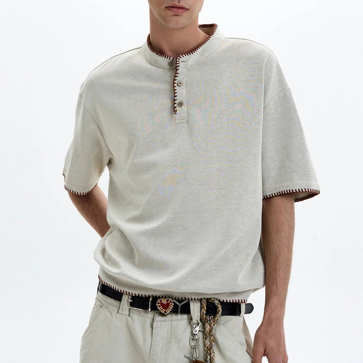 Men's Short Sleeve Stand Collar Polo Shirt with Contrast Stitch Trim