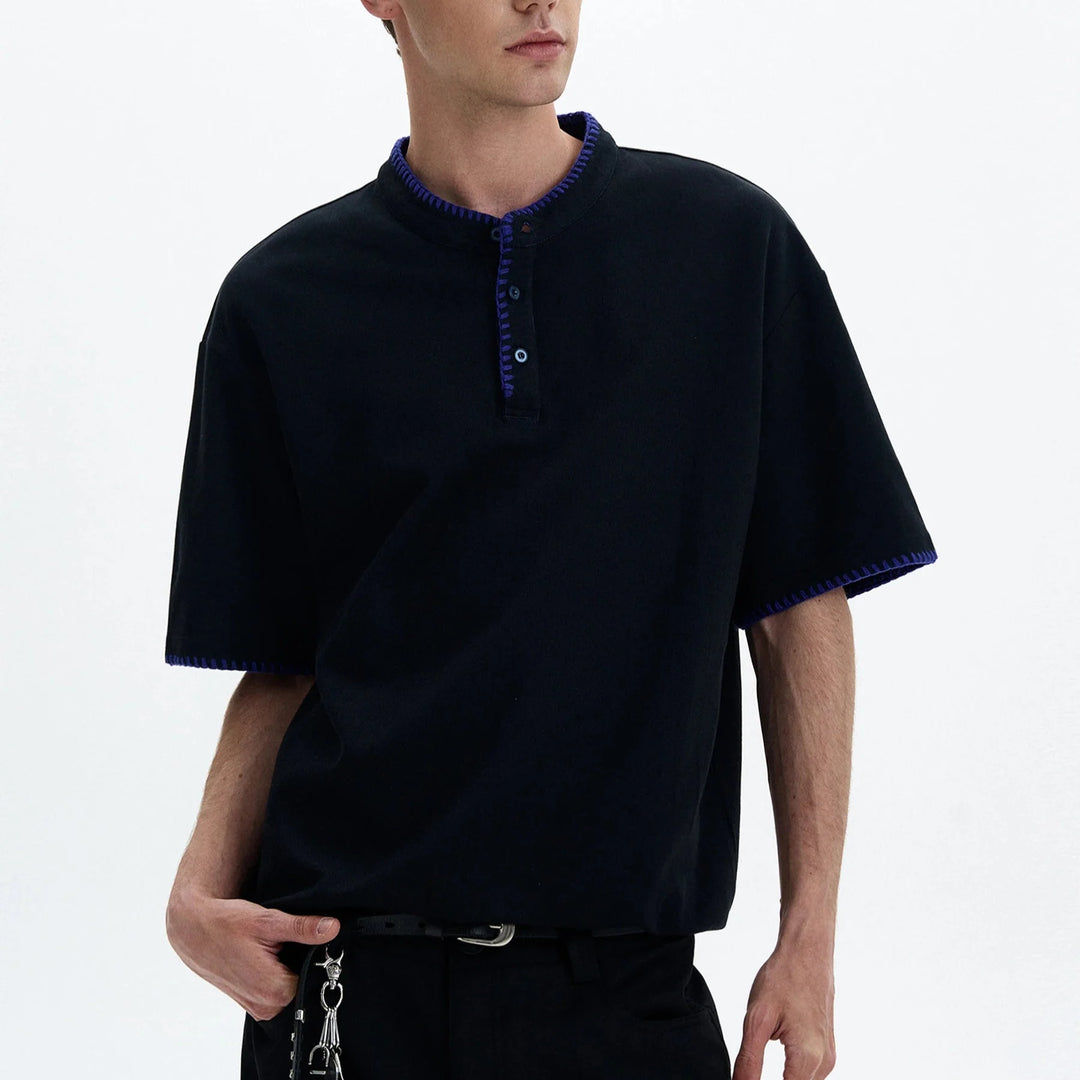 Men's Short Sleeve Stand Collar Polo Shirt with Contrast Stitch Trim