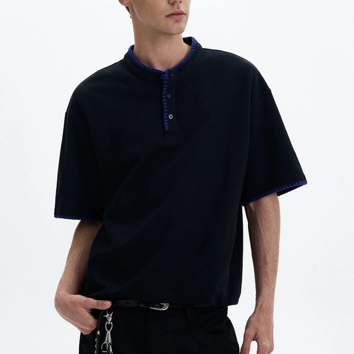 Men's Short Sleeve Stand Collar Polo Shirt with Contrast Stitch Trim