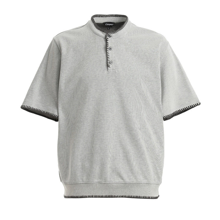 Men's Short Sleeve Stand Collar Polo Shirt with Contrast Stitch Trim