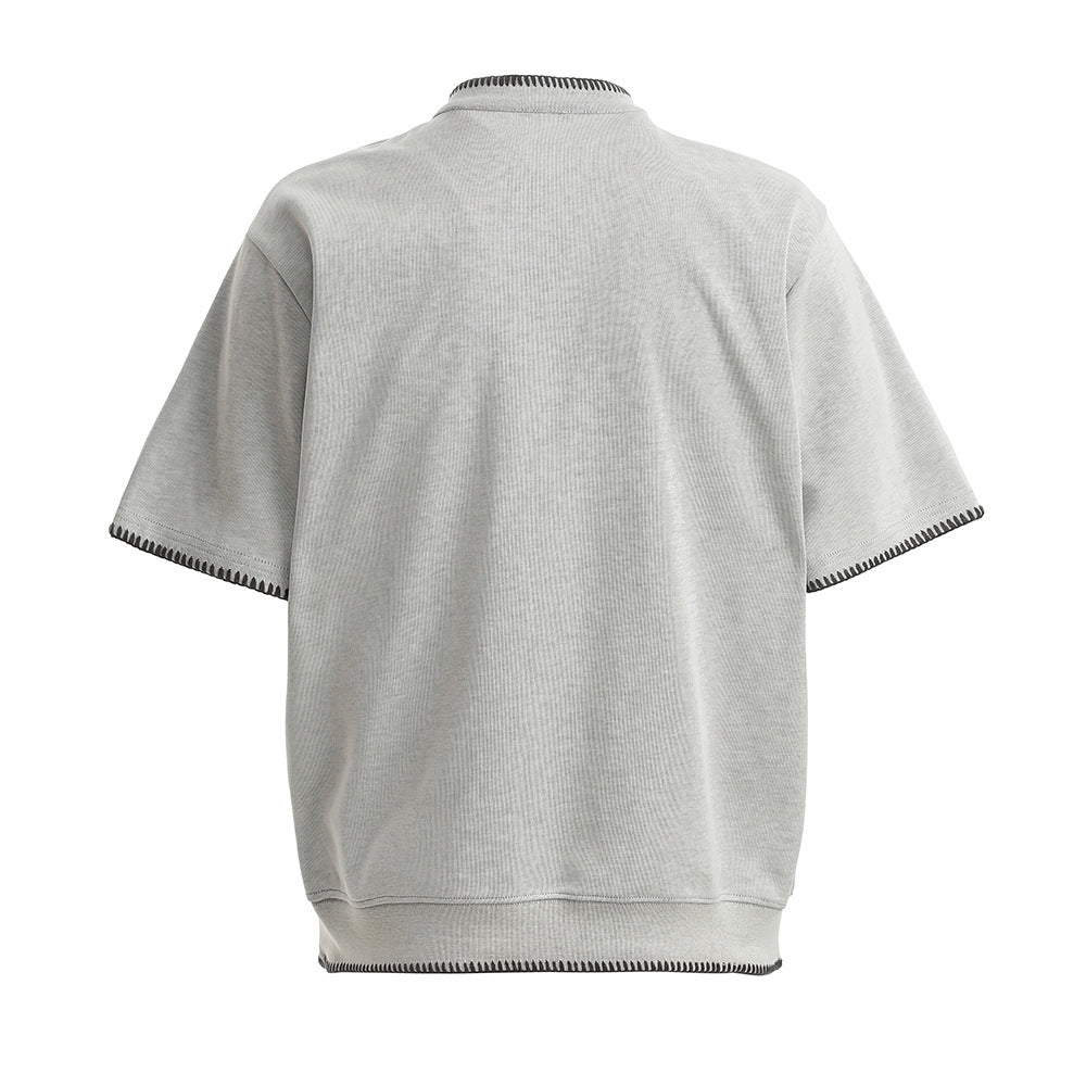 Men's Short Sleeve Stand Collar Polo Shirt with Contrast Stitch Trim