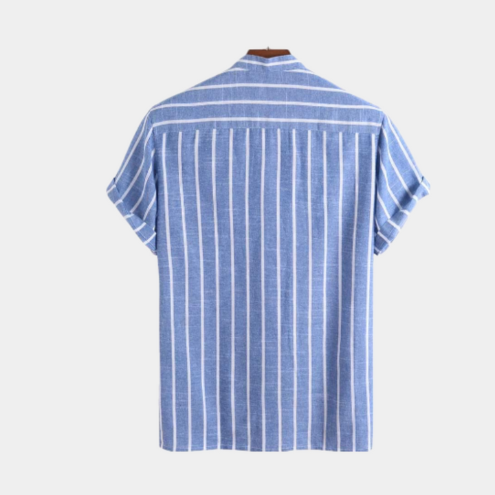 Men's Short Sleeve Stand Collar Shirt with Partial Button Placket and Vertical Stripes