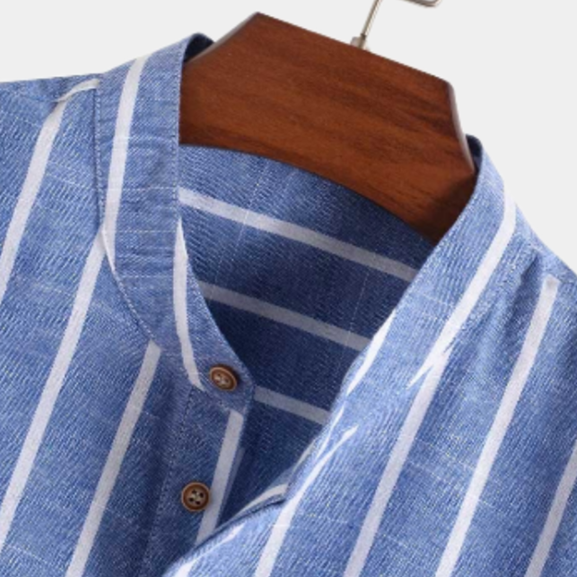 Men's Short Sleeve Stand Collar Shirt with Partial Button Placket and Vertical Stripes