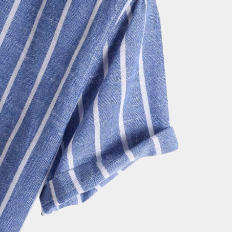 Men's Short Sleeve Stand Collar Shirt with Partial Button Placket and Vertical Stripes