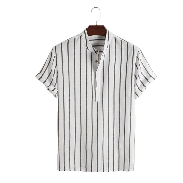 Men's Short Sleeve Stand Collar Shirt with Partial Button Placket and Vertical Stripes