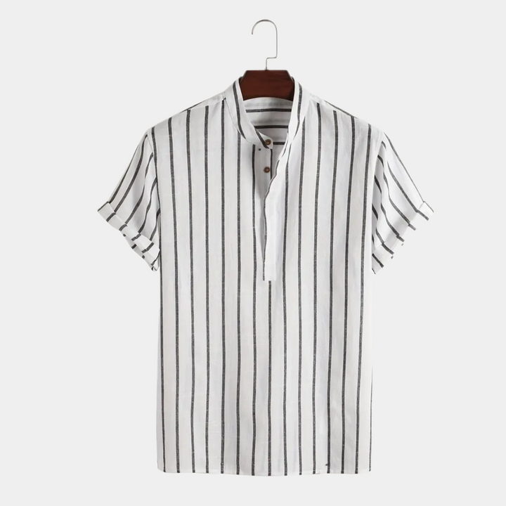 Men's Short Sleeve Stand Collar Shirt with Partial Button Placket and Vertical Stripes
