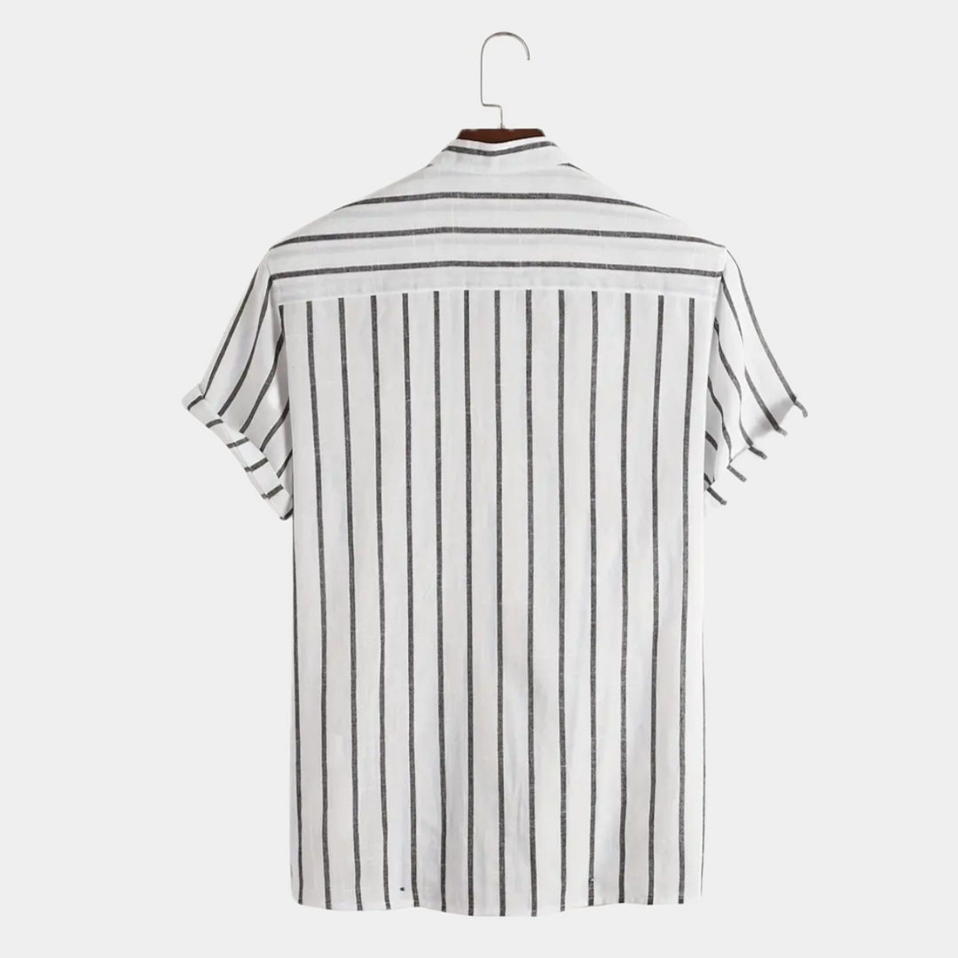 Men's Short Sleeve Stand Collar Shirt with Partial Button Placket and Vertical Stripes