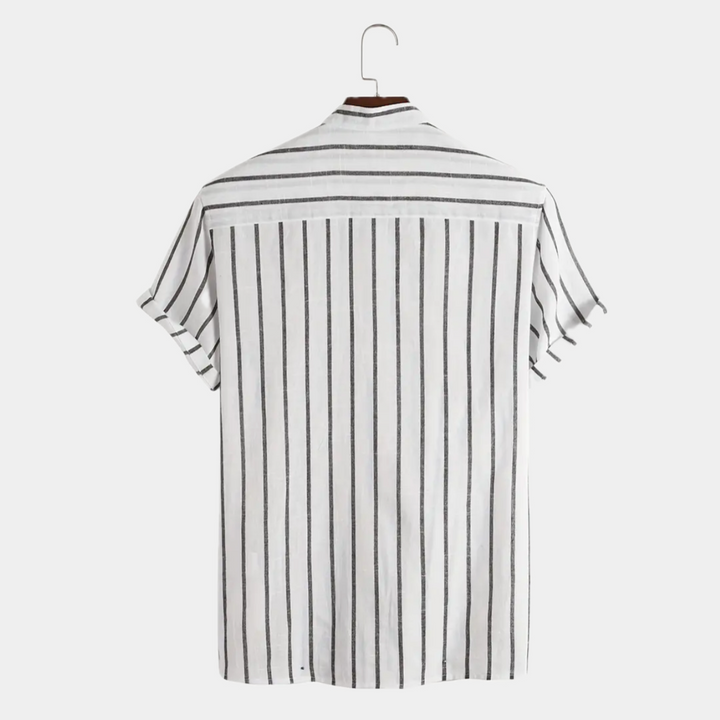 Men's Short Sleeve Stand Collar Shirt with Partial Button Placket and Vertical Stripes