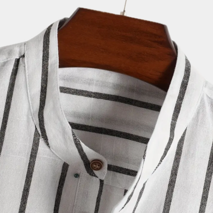 Men's Short Sleeve Stand Collar Shirt with Partial Button Placket and Vertical Stripes
